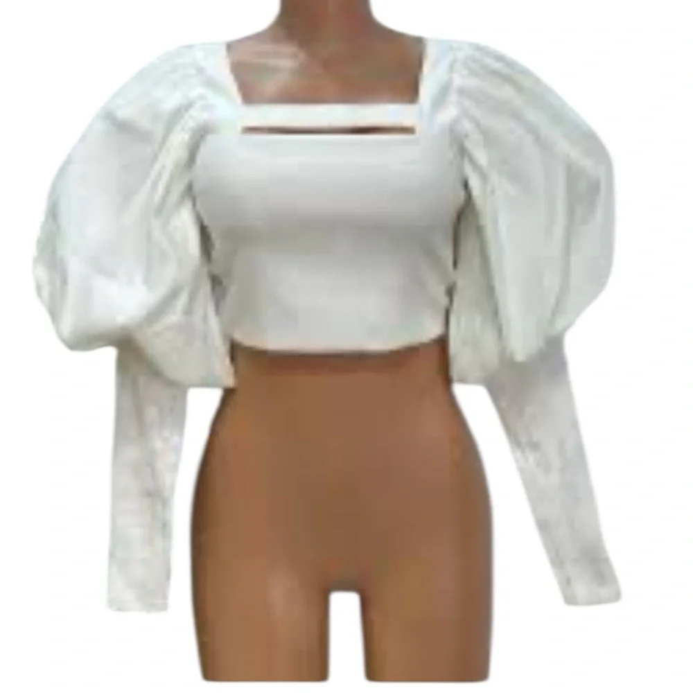 ZARA White Puff Long Sleeve Cut Out Square Neck Crop Top Size S